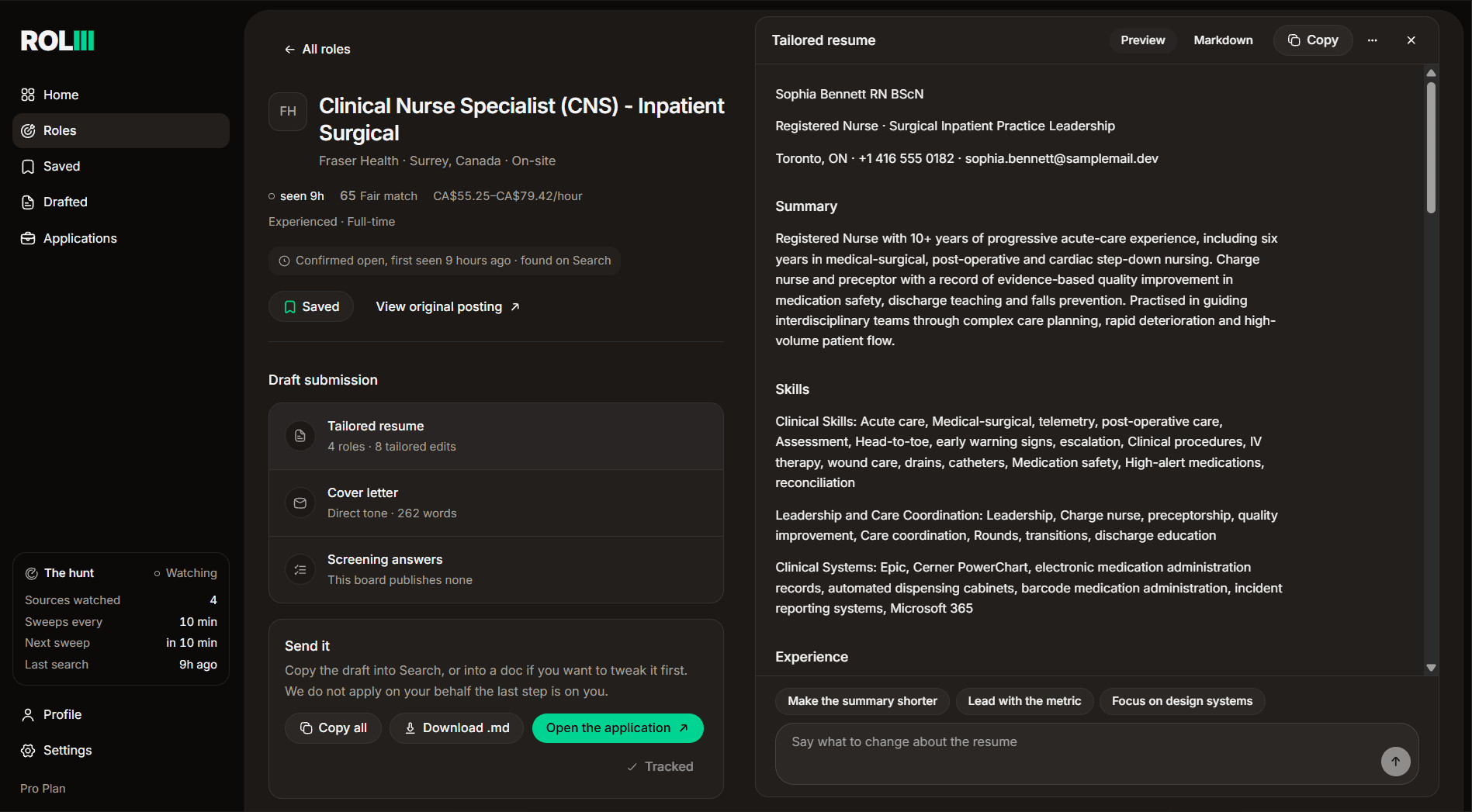 A role open beside its tailored resume, with a composer at the foot of the document and an instruction typed into it